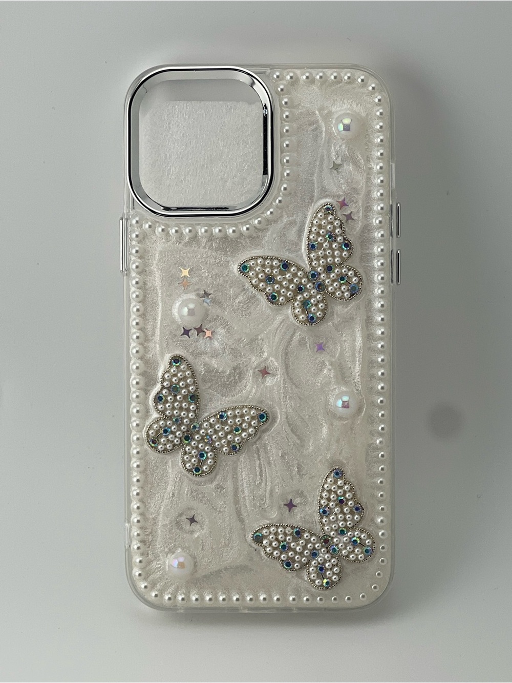 Stylish Pearl Butterfly Phone 13 pro max Case - White